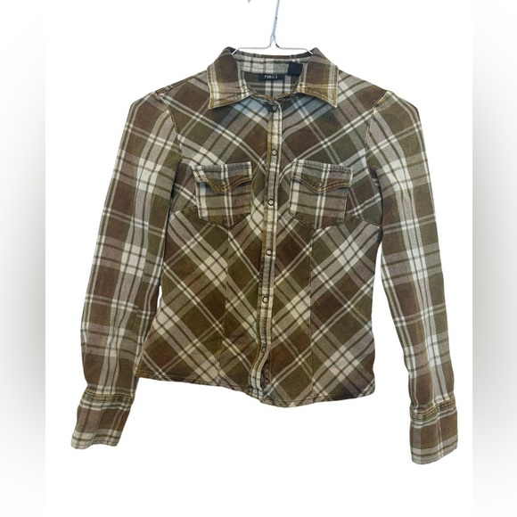rue 21 Plaid Flannel Green Brown Ivory Plaid Juniors Size Small - Picture 1 of 10